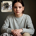 A fluffy puppy with soulful eyes lies stretched out on a cozy ribbed cream chair with a patterned cloth underneath, looking straight into the camera with an innocent and curious expression.