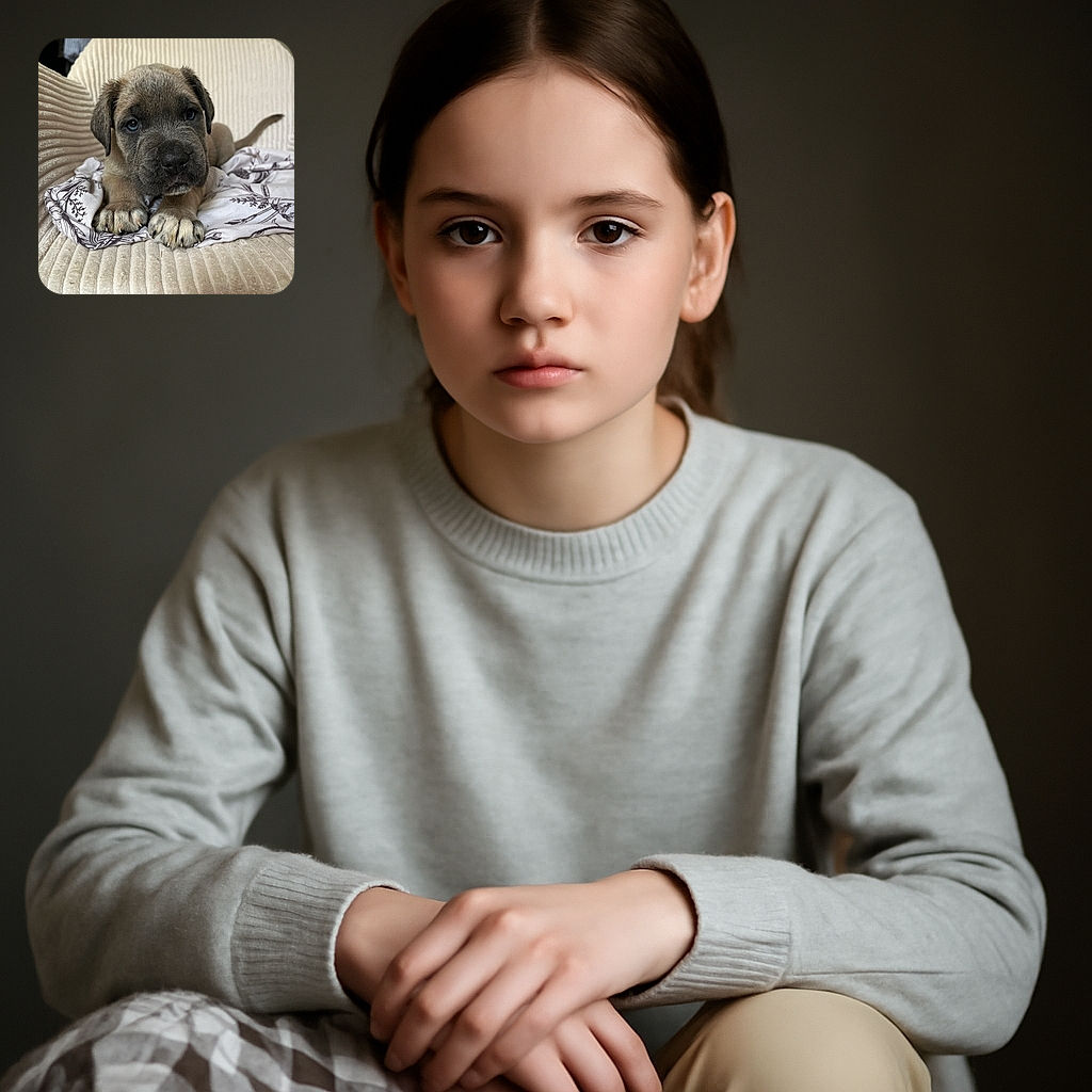 A fluffy puppy with soulful eyes lies stretched out on a cozy ribbed cream chair with a patterned cloth underneath, looking straight into the camera with an innocent and curious expression.