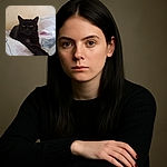 A sleek black cat lounges elegantly on a patterned bedspread, stretching its front paws forward like a feline aristocrat surveying its kingdom. The soft light highlights the cat's shiny fur and piercing yellow eyes, set against a muted floral wallpaper background.