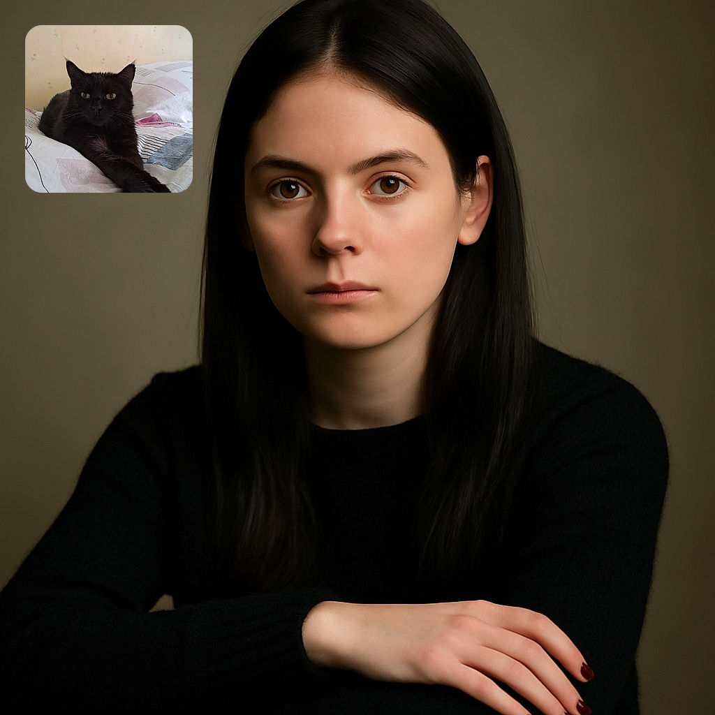 A sleek black cat lounges elegantly on a patterned bedspread, stretching its front paws forward like a feline aristocrat surveying its kingdom. The soft light highlights the cat's shiny fur and piercing yellow eyes, set against a muted floral wallpaper background.