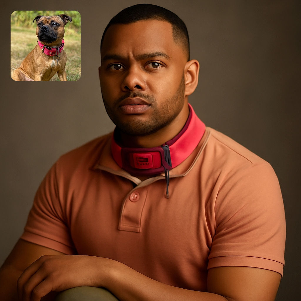 A dignified dog sporting a bright pink collar sits attentively on a grassy patch, with a softly blurred natural background that highlights its focused expression and shiny coat.