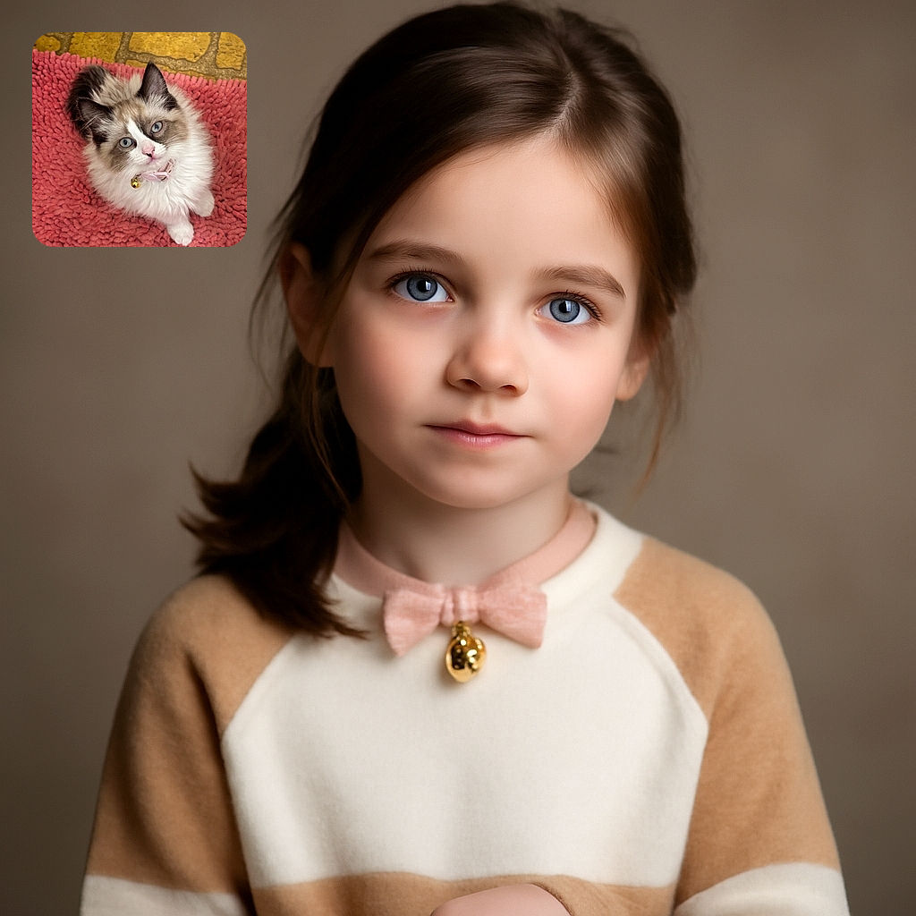 A fluffy, wide-eyed cat with striking blue eyes and a cute pink collar sits adorably on a textured pink rug, looking up with innocent curiosity against a warm-toned tiled floor background.