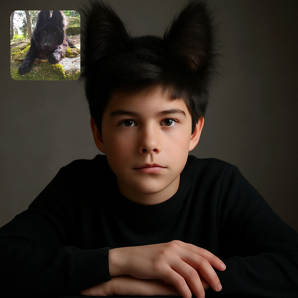 A majestic black dog with fluffy ears lounges on a mossy rock in a sun-dappled forest, looking curiously at the camera with soulful eyes, blending nature's calm with canine charm.