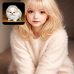 An adorably fluffy, tiny dog looks like a walking cotton ball standing on a wooden floor, with its big dark eyes and small nose giving it an irresistibly cute expression.