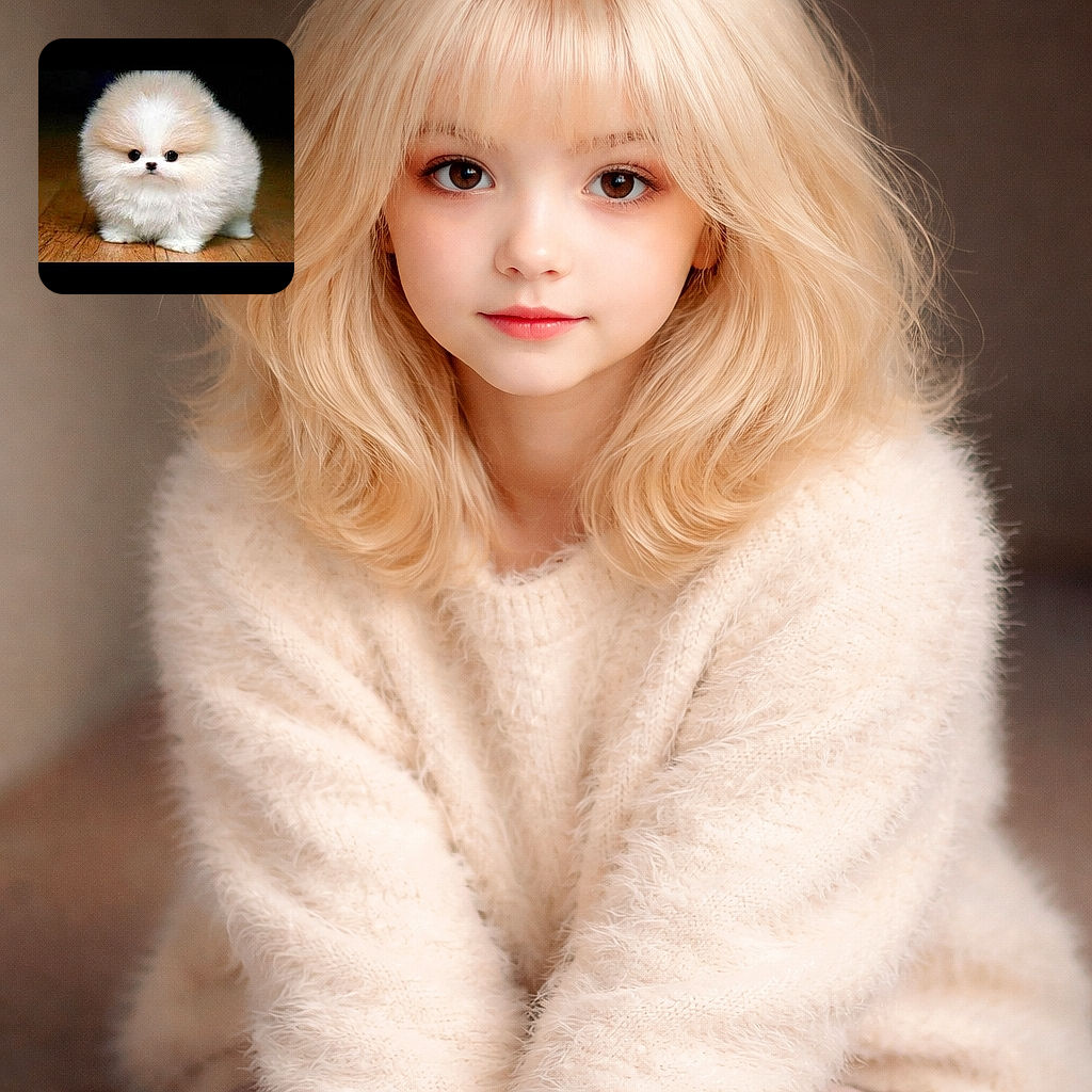 An adorably fluffy, tiny dog looks like a walking cotton ball standing on a wooden floor, with its big dark eyes and small nose giving it an irresistibly cute expression.