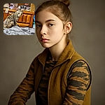 A curious tabby cat sits on a soft gray blanket, glancing sideways with a hint of mischief. The background shows a wooden dresser with a helmet and some clothes, giving a cozy, lived-in vibe.