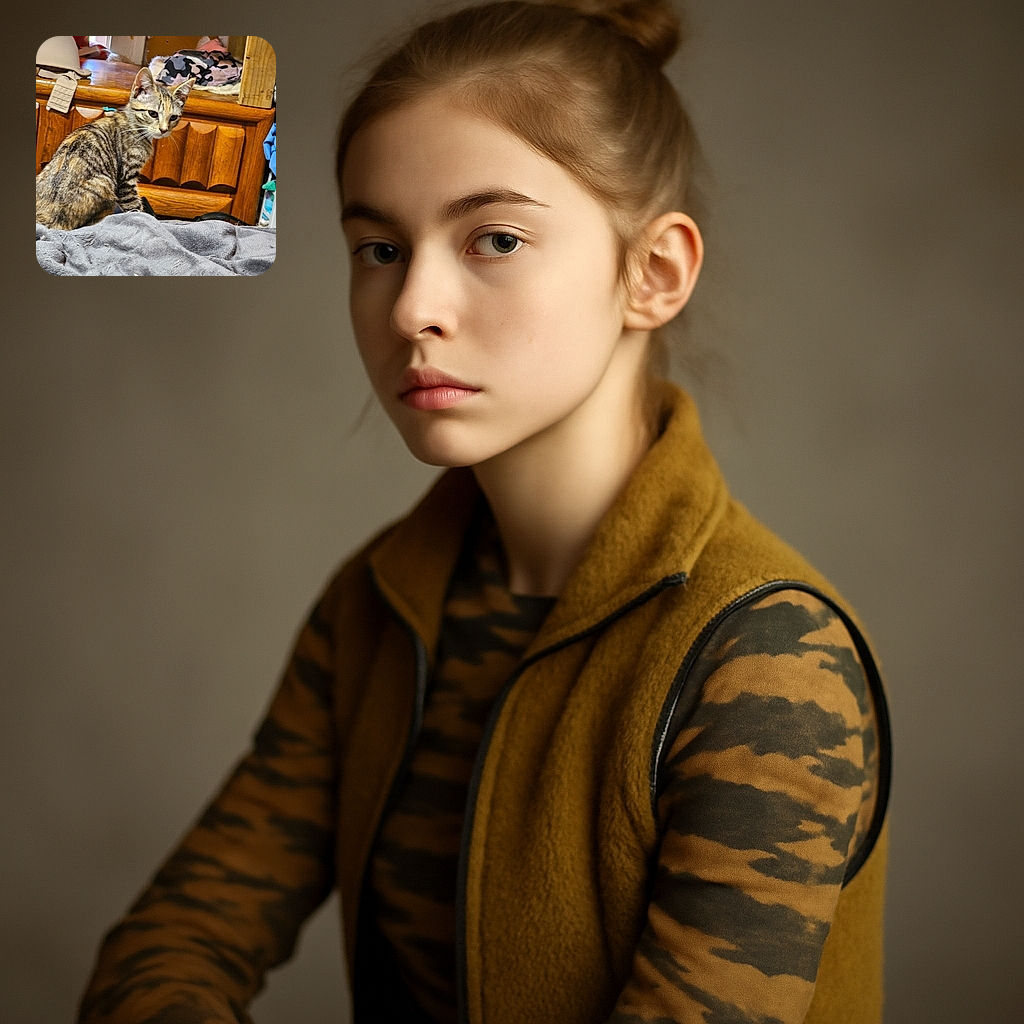 A curious tabby cat sits on a soft gray blanket, glancing sideways with a hint of mischief. The background shows a wooden dresser with a helmet and some clothes, giving a cozy, lived-in vibe.
