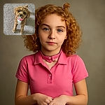 A fluffy curly-haired dog with a pink collar gazes up adorably, standing on a textured carpet that fills the background with cozy vibes.