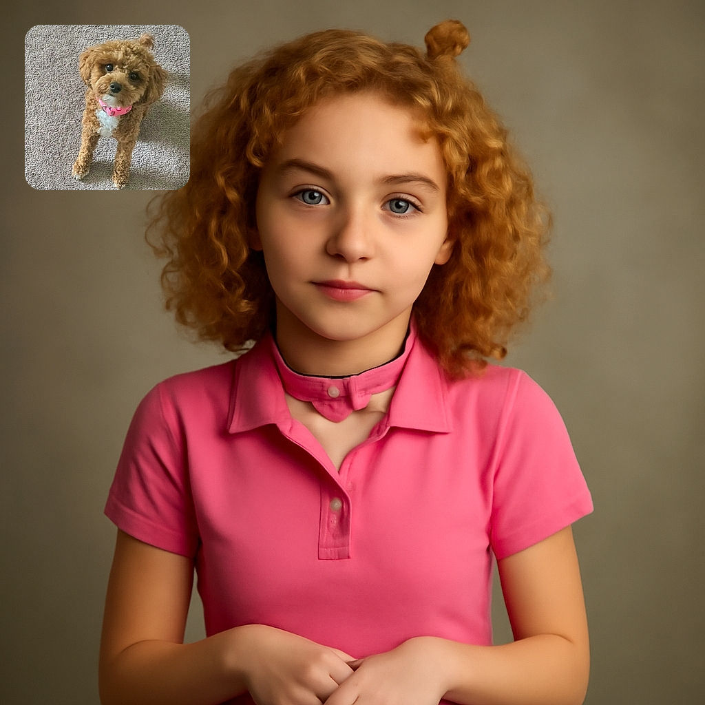 A fluffy curly-haired dog with a pink collar gazes up adorably, standing on a textured carpet that fills the background with cozy vibes.