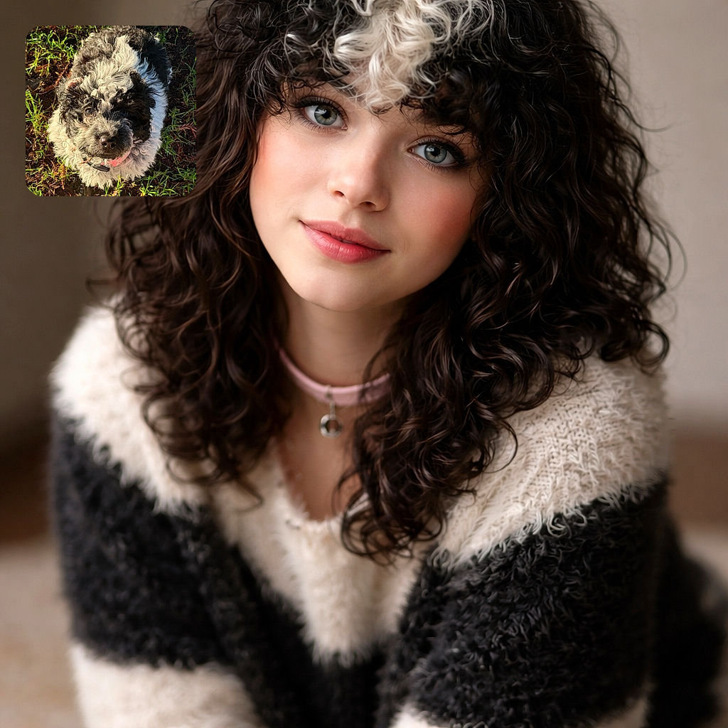 A fluffy black and white puppy looks up with big, soulful eyes while standing on a patch of green grass and brown earth, its curly fur glowing warmly in the sunlight.