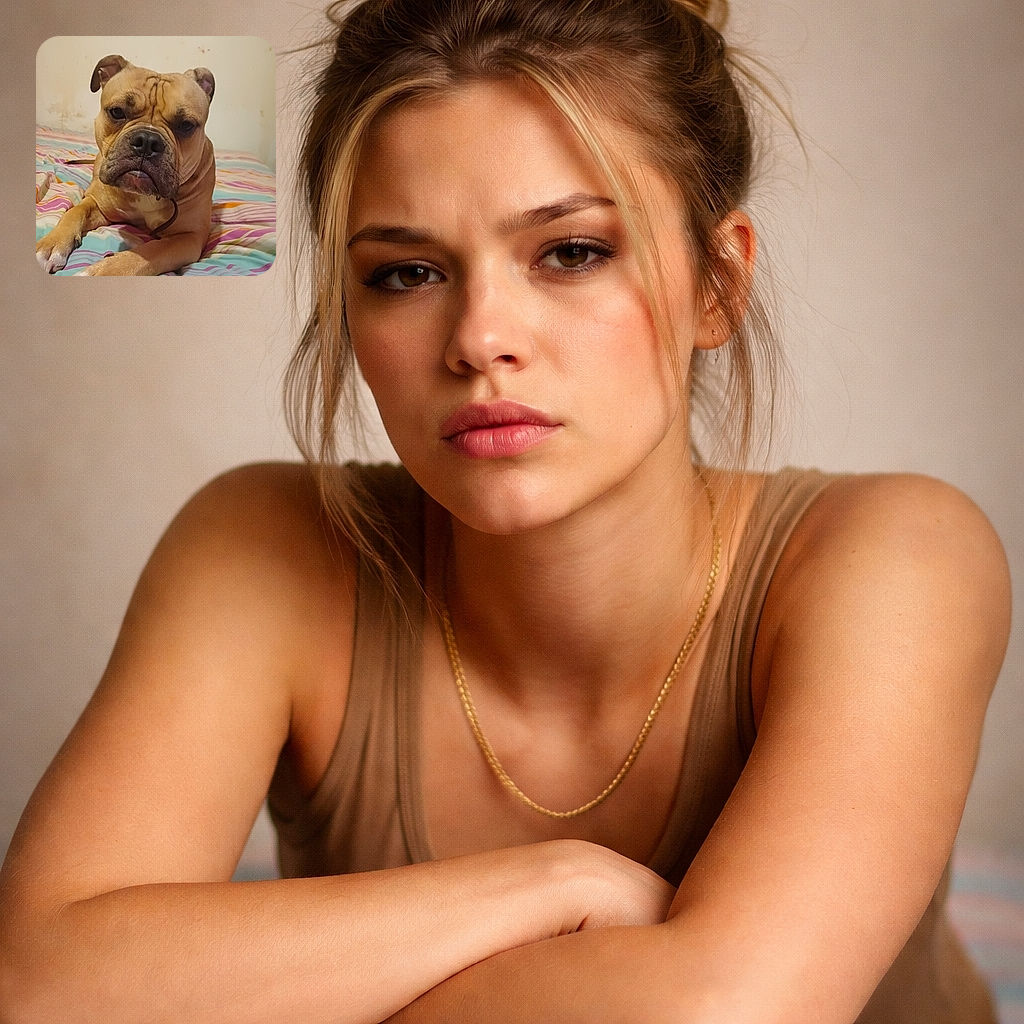 A serious-looking bulldog lounges on a colorful striped bedspread, staring intently at the camera with a slightly furrowed brow, as if pondering the mysteries of life or demanding a treat.