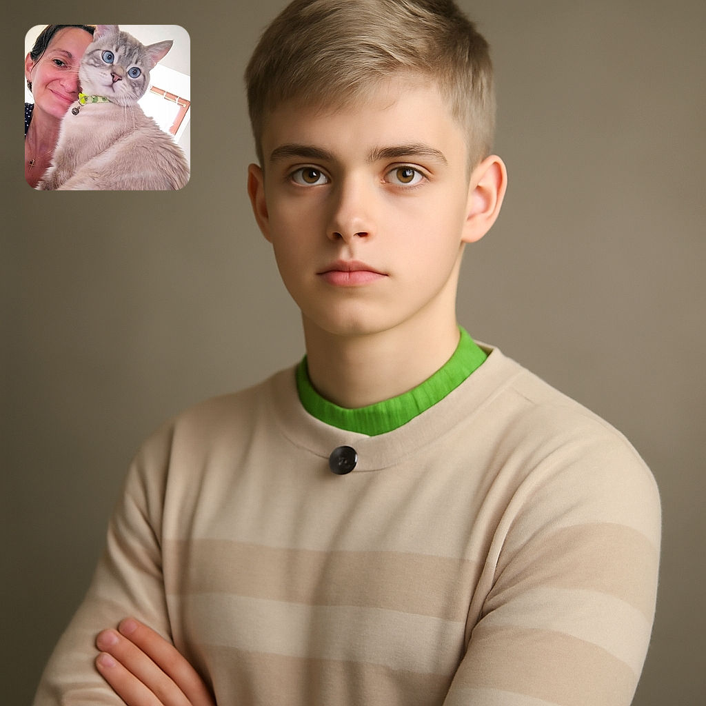A cozy selfie featuring a woman smiling warmly while holding a large, fluffy cat with striking blue eyes and a bell collar, both sharing a moment of calm indoors with soft natural light streaming in from a window.