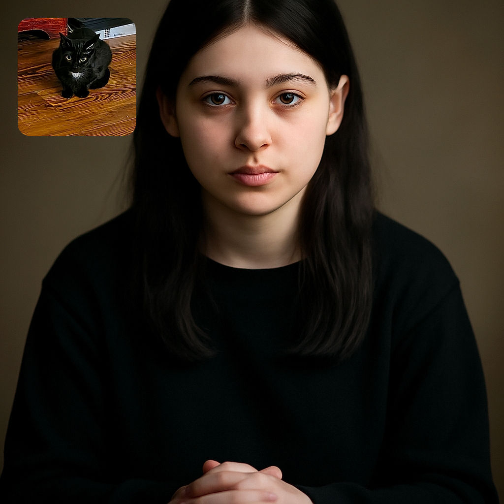 A curious black cat with a white patch on its chest sits on a wooden floor, staring intently at the camera. The background shows part of a wooden piece of furniture and a dark cushioned seat, giving a cozy indoor vibe.