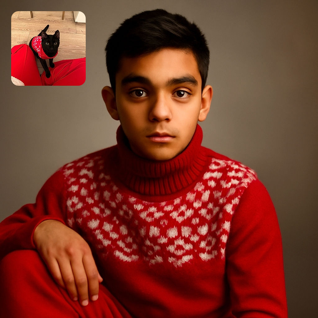 A cute black cat wearing a festive red and white sweater looks up with curious eyes, sitting on a wooden floor between a person's red pants. The cozy indoor setting and the cat's shiny fur make for a charming and warm snapshot.