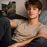 A cozy tabby cat lounges comfortably on a dark bedspread, its eyes gazing thoughtfully off to the side while a person in a blue fleece robe is partially visible in the background, creating a warm and intimate indoor scene.