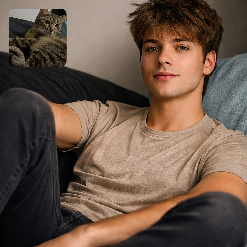 A cozy tabby cat lounges comfortably on a dark bedspread, its eyes gazing thoughtfully off to the side while a person in a blue fleece robe is partially visible in the background, creating a warm and intimate indoor scene.