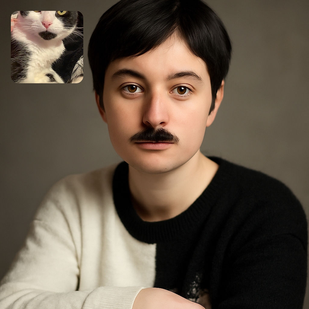 A close-up photo of a black and white cat with striking yellow eyes and a distinctive black patch on its chin, looking directly at the camera. In the bottom left corner, a small video call window shows a man holding a dark object, possibly a cat toy or another pet. The background features a warm reddish wall and some household items.