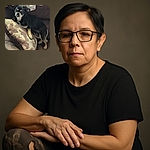 A small black and tan dog with a slightly goofy underbite lounges on a patterned pillow on a brown couch, looking up with big, shiny eyes. A cozy white blanket drapes in the background, adding to the comfy home vibe.