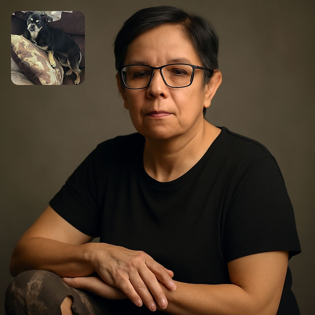 A small black and tan dog with a slightly goofy underbite lounges on a patterned pillow on a brown couch, looking up with big, shiny eyes. A cozy white blanket drapes in the background, adding to the comfy home vibe.