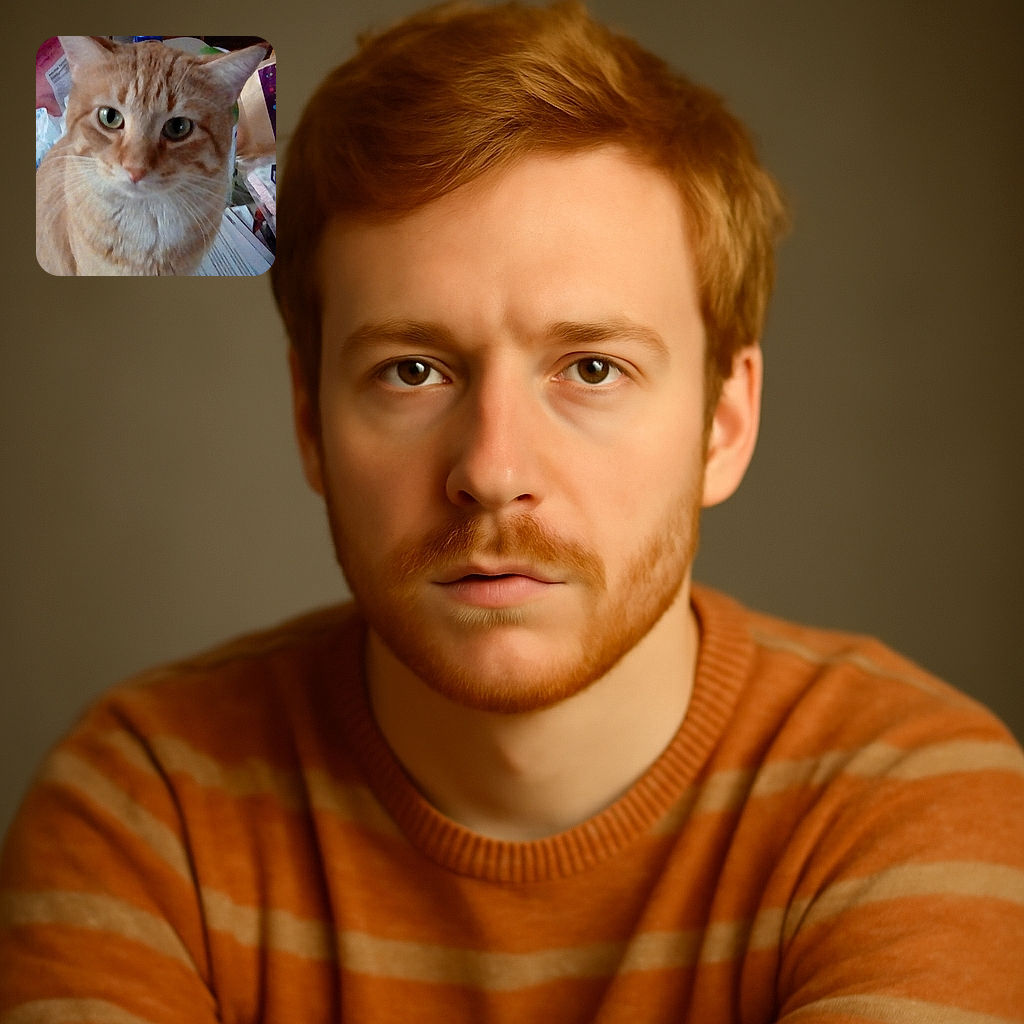 A close-up shot of an orange tabby cat with green eyes, slightly out of focus, sitting amidst a cluttered table with various household items like bananas, boxes, and a packet labeled 'Bath Bombs'.
