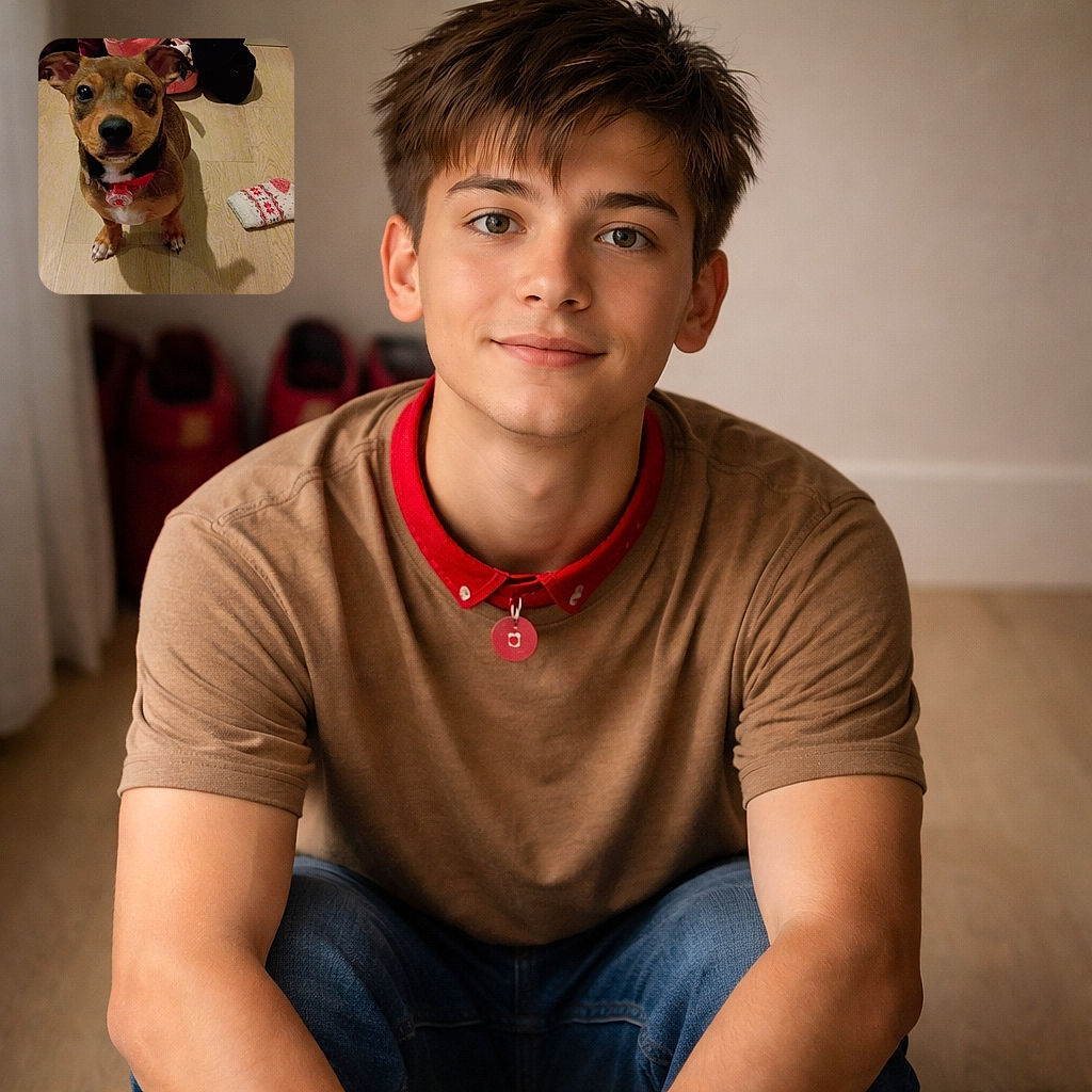 A wide-eyed small brown dog sits on a wooden floor staring up like it's just been reminded treats are a thing — shoes, slippers and a lone festive sock clutter the background while the pup's shadow reaches toward the camera.