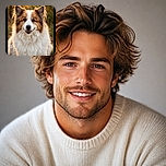 A fluffy, cheerful dog gazes into the camera like a woodland celebrity, wearing a luxurious fur coat and an expression that says it has absolutely never stolen a snack. Warm golden light and softly blurred trees give the portrait a magical autumn glow.