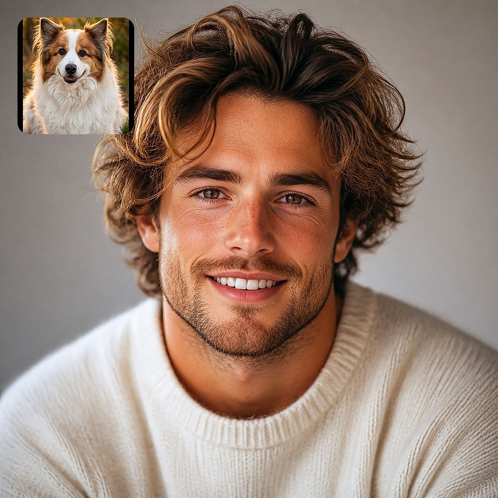 A fluffy, cheerful dog gazes into the camera like a woodland celebrity, wearing a luxurious fur coat and an expression that says it has absolutely never stolen a snack. Warm golden light and softly blurred trees give the portrait a magical autumn glow.