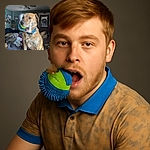 A happy brindle dog with a bright blue collar stands indoors holding a colorful spiky ball toy in its mouth, surrounded by a cozy clutter of household items and soft natural light pouring in from a window.