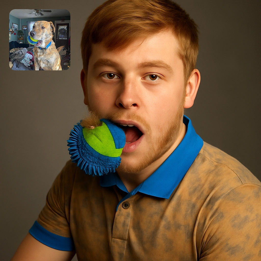 A happy brindle dog with a bright blue collar stands indoors holding a colorful spiky ball toy in its mouth, surrounded by a cozy clutter of household items and soft natural light pouring in from a window.