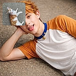 A charming orange and white cat lies on a rough concrete surface, looking up with wide eyes and a slightly open mouth as if caught mid-meow or mid-yawn, sporting a blue collar and a curious expression.