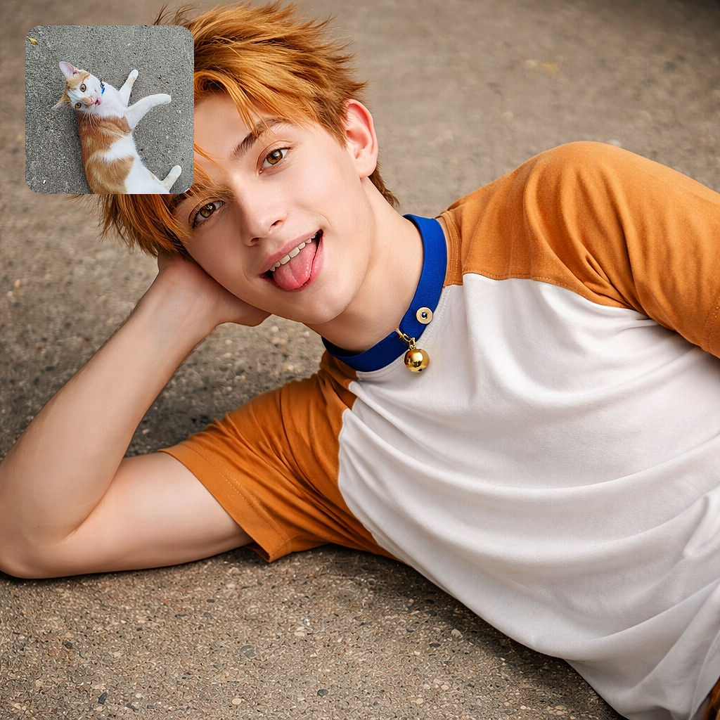 A charming orange and white cat lies on a rough concrete surface, looking up with wide eyes and a slightly open mouth as if caught mid-meow or mid-yawn, sporting a blue collar and a curious expression.