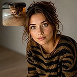 A wide-eyed tabby cat creeps out from beneath a bed like a tiny striped detective investigating the hardwood floor, with its one-paw-forward pose suggesting it has just been caught mid-mission.