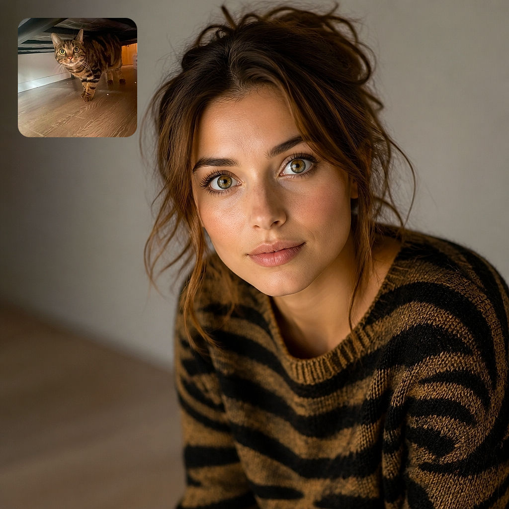 A wide-eyed tabby cat creeps out from beneath a bed like a tiny striped detective investigating the hardwood floor, with its one-paw-forward pose suggesting it has just been caught mid-mission.