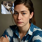 A close-up of a curious tabby cat with striking green eyes and long white whiskers, lying on a blue and white patterned fabric, looking directly at the camera with a calm and inquisitive expression.