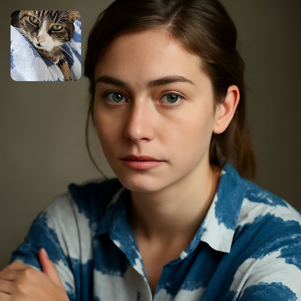 A close-up of a curious tabby cat with striking green eyes and long white whiskers, lying on a blue and white patterned fabric, looking directly at the camera with a calm and inquisitive expression.