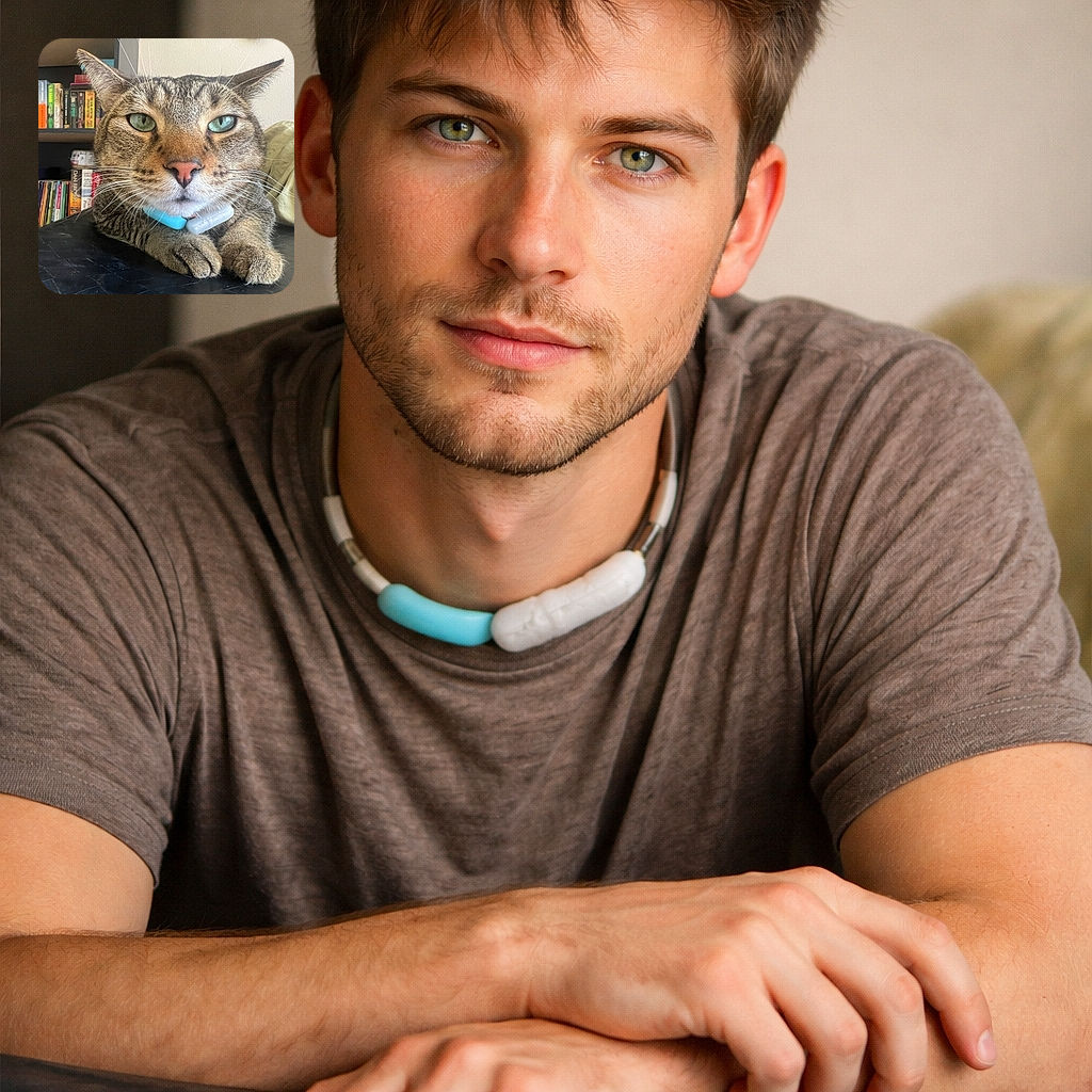 A majestic tabby giving peak cattitude: whiskers splayed, minty collar chillers around its neck, paws tucked on a table, with a bookshelf and wall crosses photobombing the background. Looks like it approved this portrait session with a single unimpressed blink.