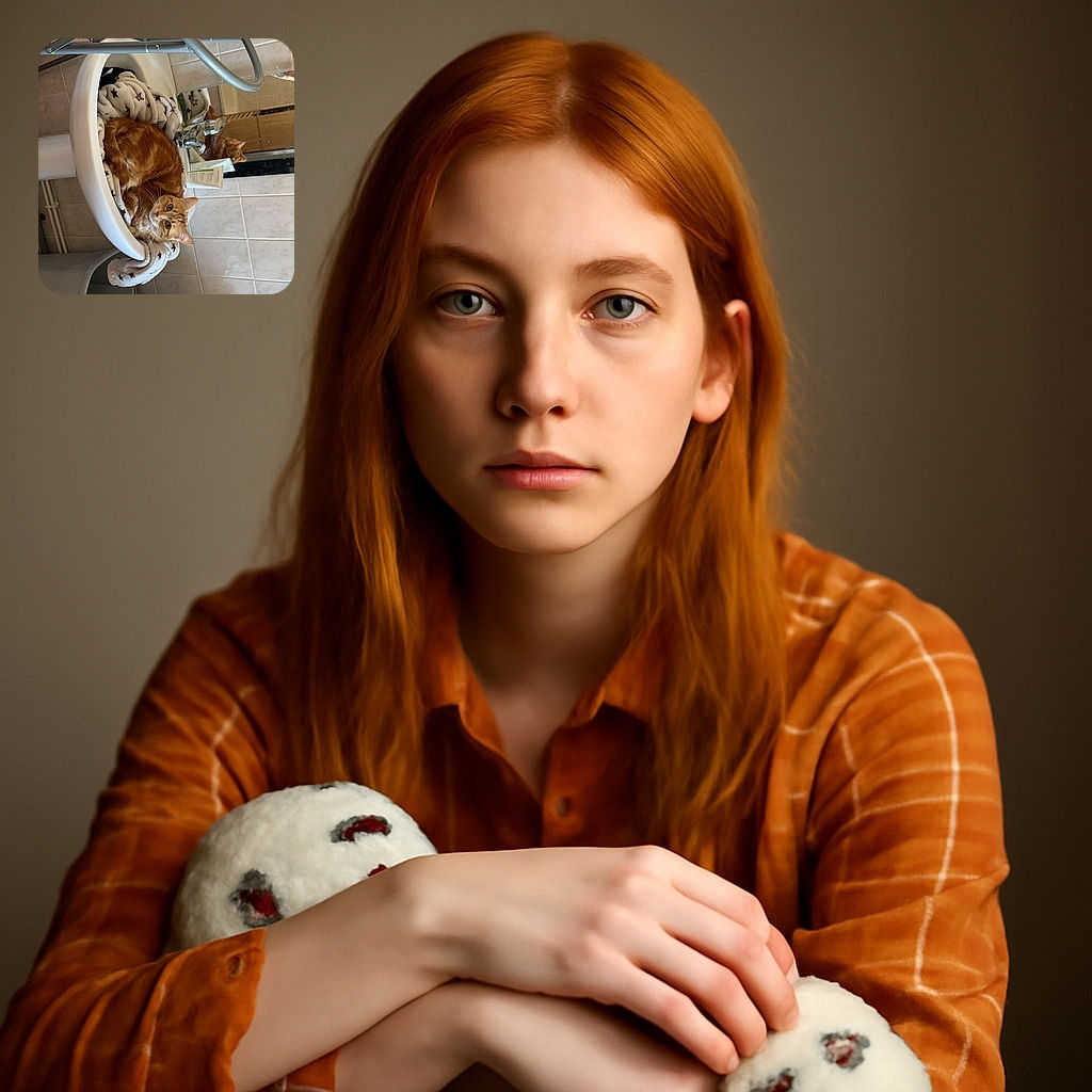 A cozy orange tabby cat is lounging comfortably in a bathroom sink lined with a star-patterned towel, gazing curiously at the camera. The bathroom setting includes a mirror reflecting the cat's profile, tiled walls, a faucet, and various toiletries, with a laundry basket nearby. The scene captures a quirky moment of feline relaxation in an unexpected spot.