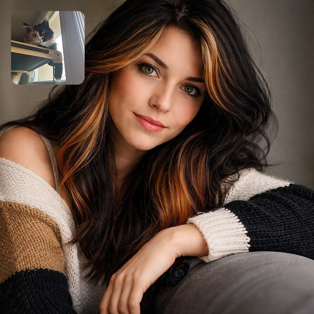 A curious calico cat lounges on a raised hammock-style perch by a window, peering down with wide, inquisitive eyes as if plotting a grand adventure or just judging your life choices.