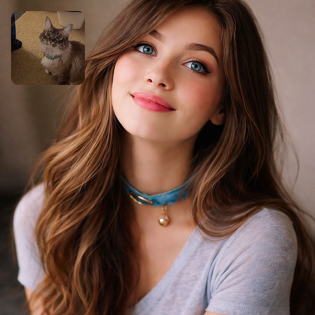 A wide-eyed floof looks up expectantly like you owe it snacks or an apology — blue collar jingling, whiskers on alert, sitting on carpeted territory with a trash bin and a skateboard wheel lurking in the background.