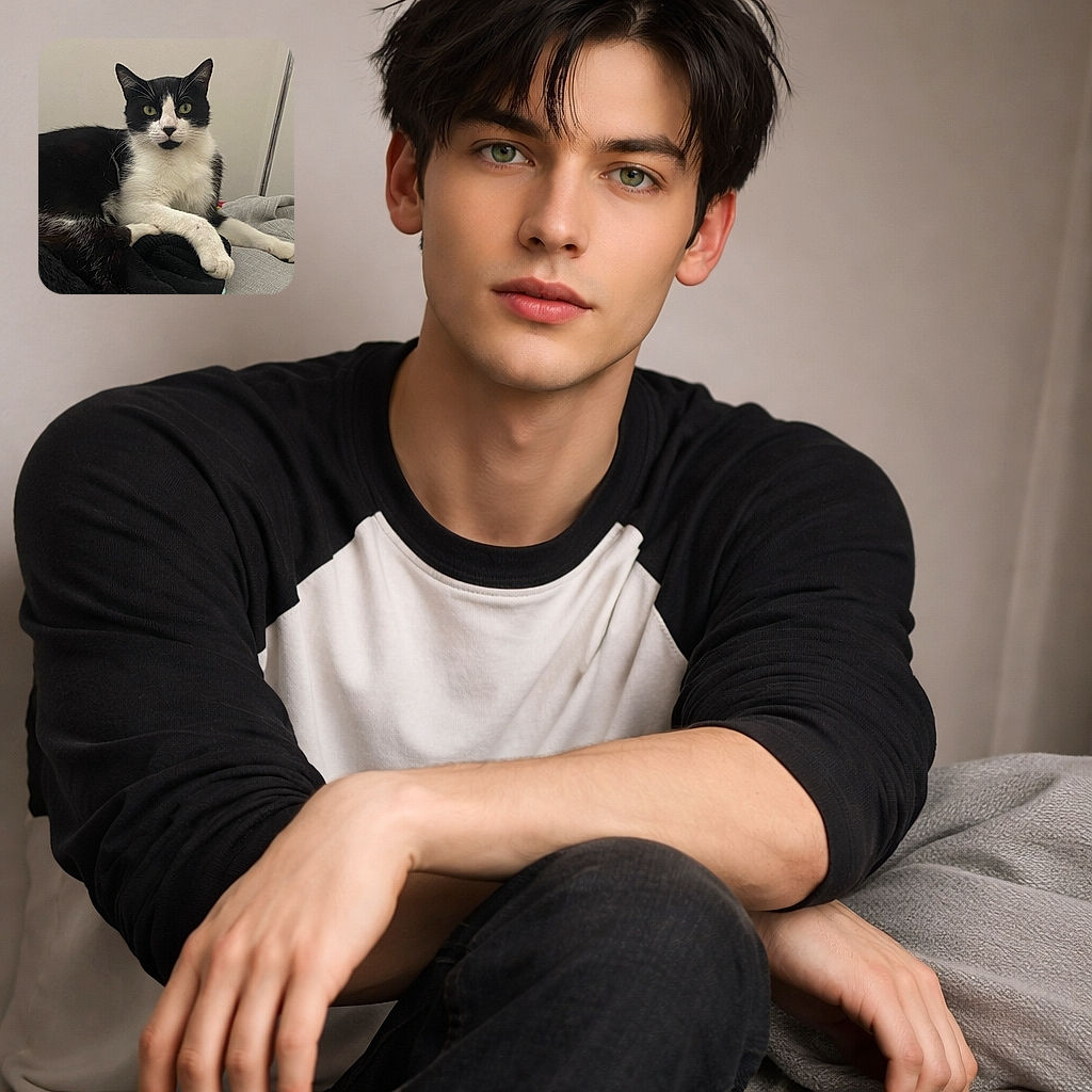 A dignified tuxedo cat stares straight at the camera like a tiny, judgemental professor — perfect whiskers, green eyes, and a dramatic little black chin patch that looks suspiciously like a moustache.