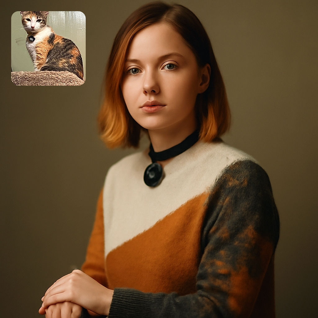 A dignified calico cat poses regally atop a soft, textured surface, with a slightly mysterious expression and a collar tag hinting at a secret identity.