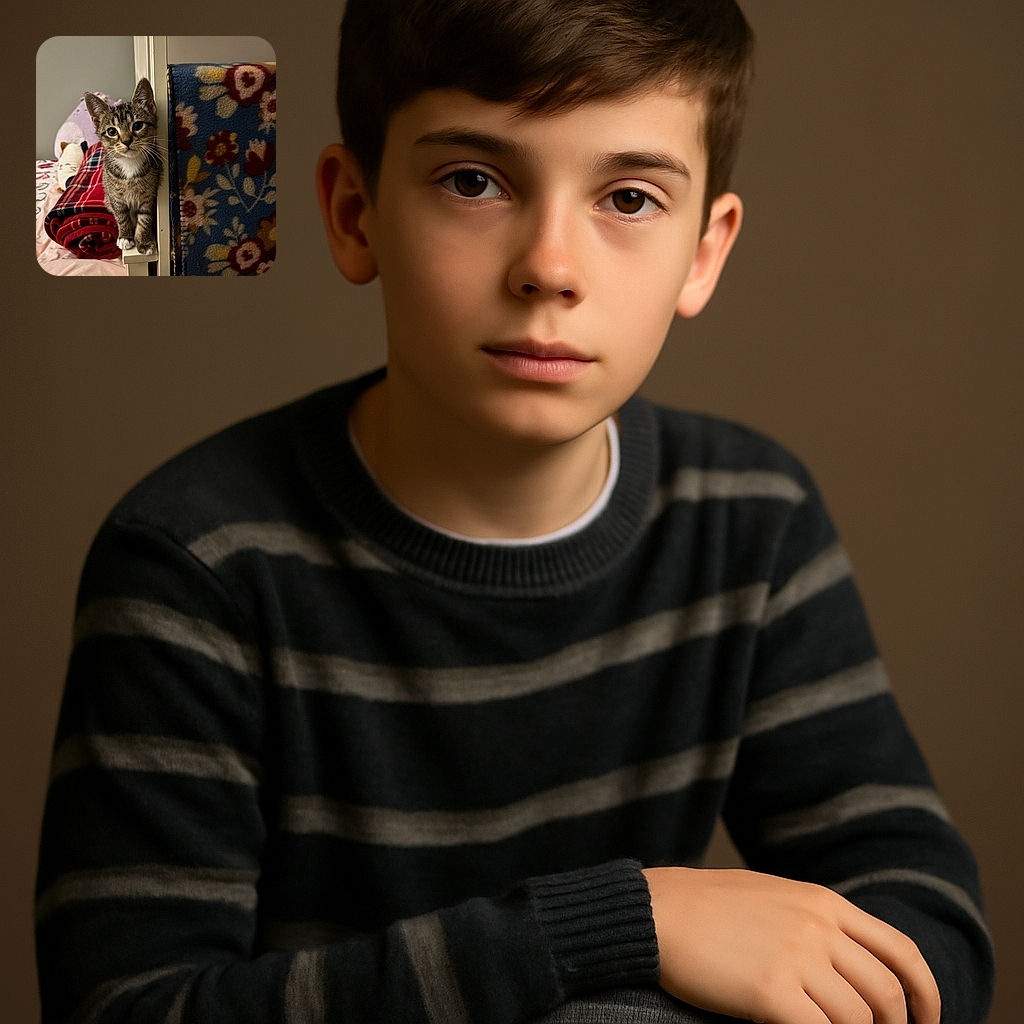 A curious tabby kitten with big eyes is perched on the edge of a bed frame, surrounded by cozy blankets and a floral fleece throw. The soft lighting and homey background make it look like the kitten is ready to pounce into an adventure or a nap.