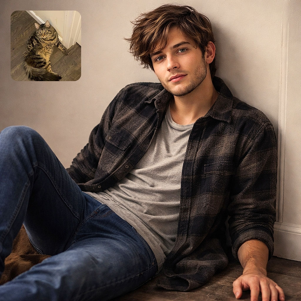 A fluffy tabby has dramatically flopped against the baseboard like it owns the hallway — wide eyes, splayed paws, and a tail so poofy it could double as a duster. Looks part regal, part loaf that missed the memo about sitting properly.