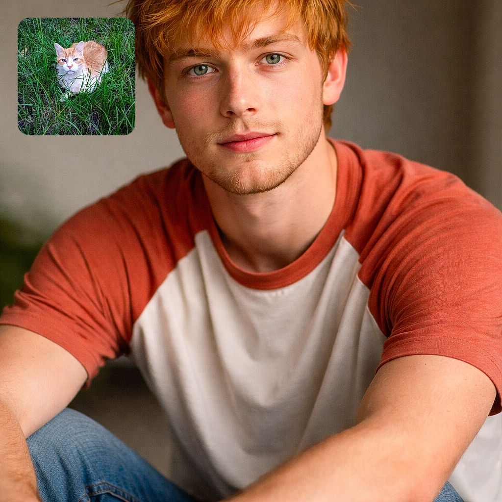 A slightly judgmental orange-and-white cat lounges in a patch of tall grass, glaring at the camera like it interrupted a very important nap. Whiskers forward, tiny collar visible — plotting mischief and possibly the theft of a sunbeam.