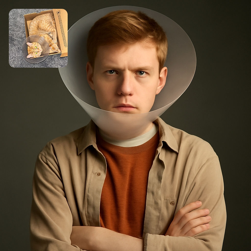 An orange tabby cat wearing a protective cone is curled up snugly inside a cardboard box placed on a textured gray carpet, giving a slightly unimpressed but adorable look to the camera.