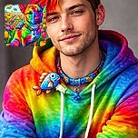 A vibrantly colored, cartoon-style dog sits proudly in a tulip field with animated fish swimming around, including one perched on its collar. The playful scene is topped with a cheerful banner saying 'Poisson d'avril!' against a bright blue sky with fluffy clouds.