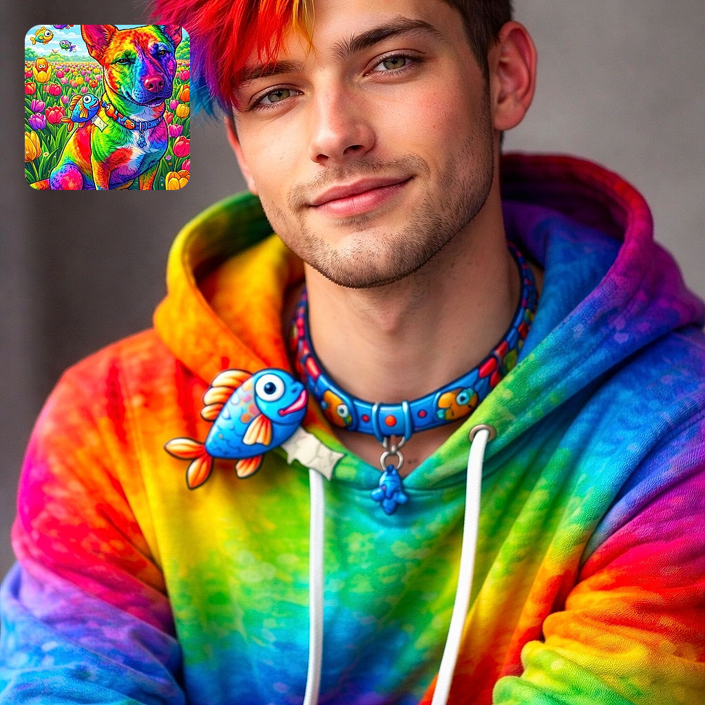 A vibrantly colored, cartoon-style dog sits proudly in a tulip field with animated fish swimming around, including one perched on its collar. The playful scene is topped with a cheerful banner saying 'Poisson d'avril!' against a bright blue sky with fluffy clouds.