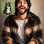 A happy Bernese Mountain Dog sits proudly on a patch of green grass, tongue out and eyes gleaming with joy, looking like the happiest pup on the block ready for a belly rub or a game of fetch.