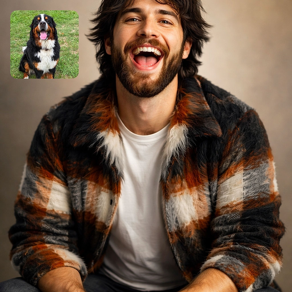 A happy Bernese Mountain Dog sits proudly on a patch of green grass, tongue out and eyes gleaming with joy, looking like the happiest pup on the block ready for a belly rub or a game of fetch.