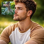 A serene dog lounges in a lush green meadow dotted with white clover flowers, gazing thoughtfully into the distance as the soft sunlight filters through the trees, creating a peaceful and natural portrait.
